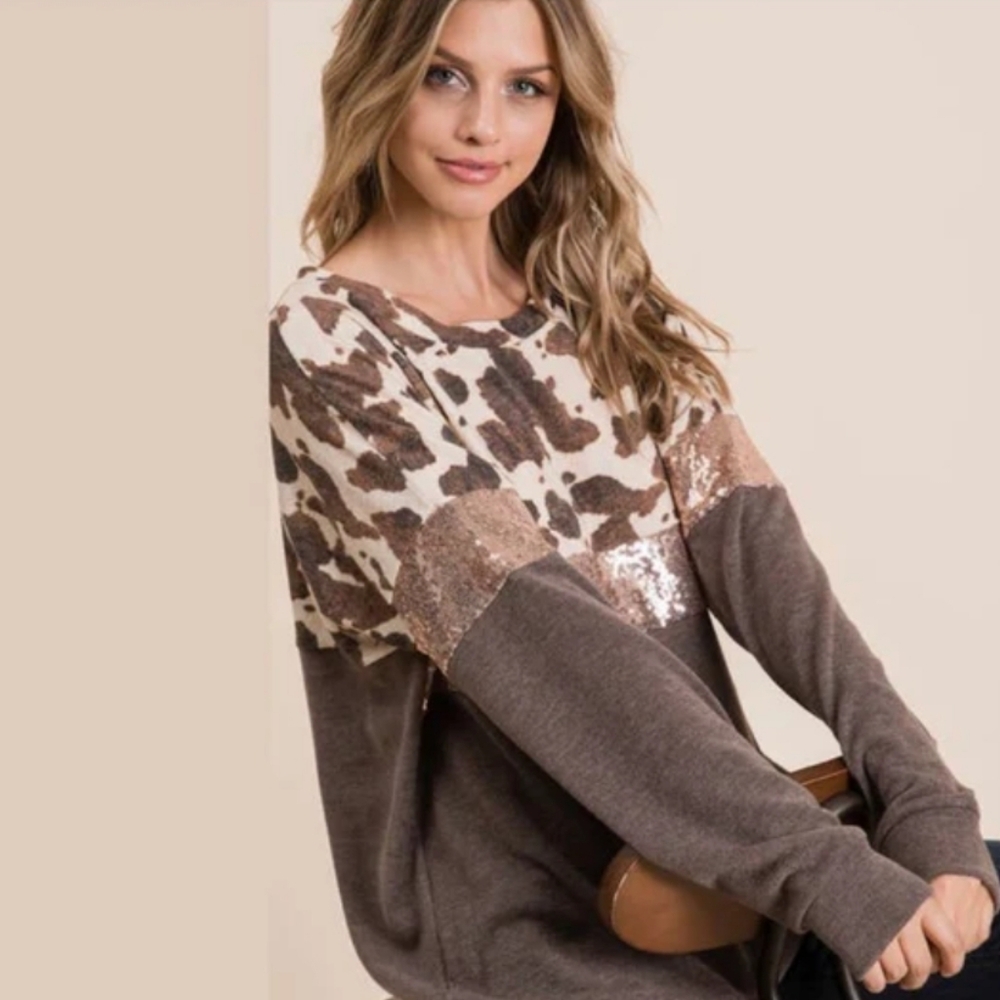 Veveret Cow Print Rose Gold Sequin Brown Long Sleeve Top Size M